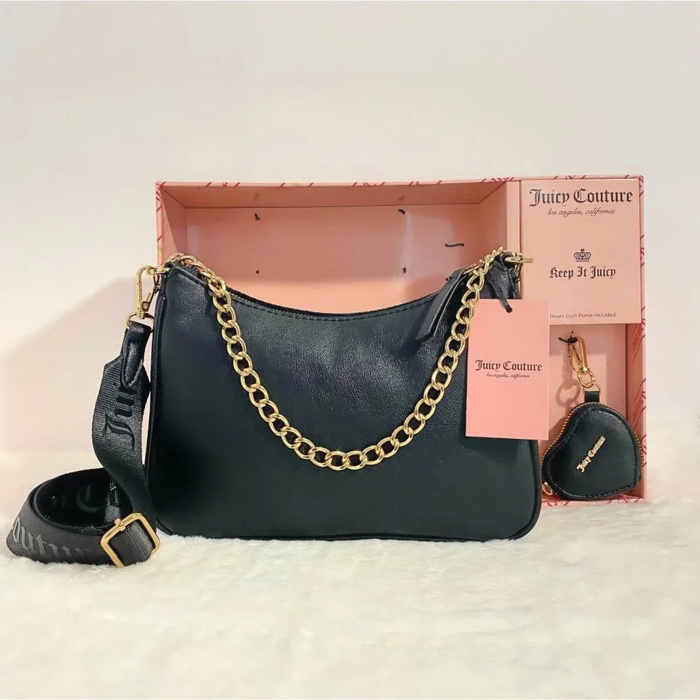 Juicy Couture Black Licorice Pink Rhinestone Handbag Bag & Heart Coin Purse Set - Picture 7 of 11